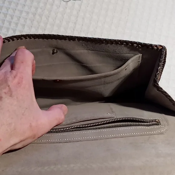 Handcrafted Hand Tooled Leather Clutch Chestnut Brown Tropical Leaf Design - Picture 7 of 13